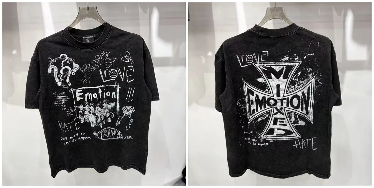 New MIXED-EMOTION Rhinestone cartoon printed pattern 100% cotton Men Women T-shirt Loose casual Shinning Diamond Tees Oversized Top
