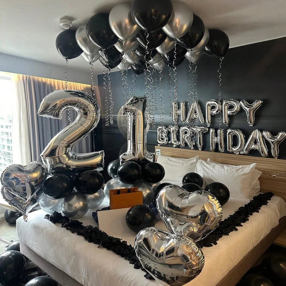 1050/21/200pcs Black & Silver Party Balloons Decorations, Silver Happy Birthday Banner, Chrome Silver Latex Balloons