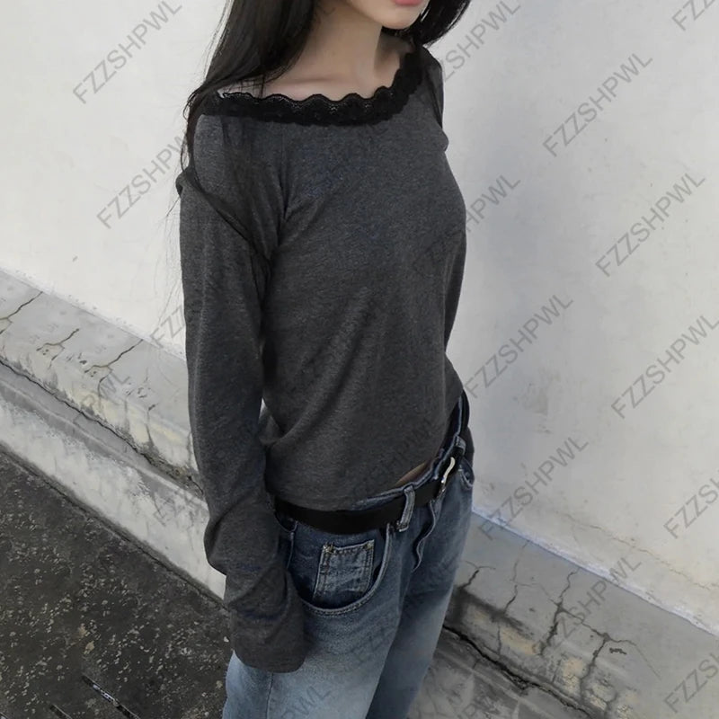 Lace Aesthetics Graphic Print Casual Gothic Y2k Long sleeve Top Spicy Girls Hip Hop Crop top Punk Streetwear Long sleeve T-shirt