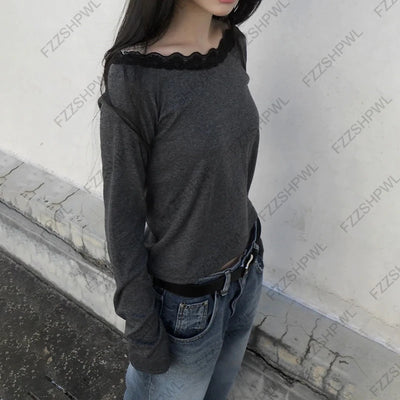 Lace Aesthetics Graphic Print Casual Gothic Y2k Long sleeve Top Spicy Girls Hip Hop Crop top Punk Streetwear Long sleeve T-shirt