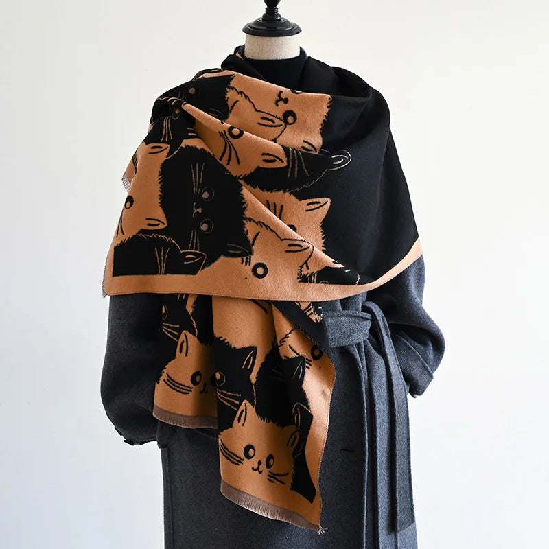 New Fashion Brand Cute Cat Ladies' Jacquard Pashmina Cashmere Scarf Winter Thick Warmth Shawl Coldproof Windproof Blanket Scarf