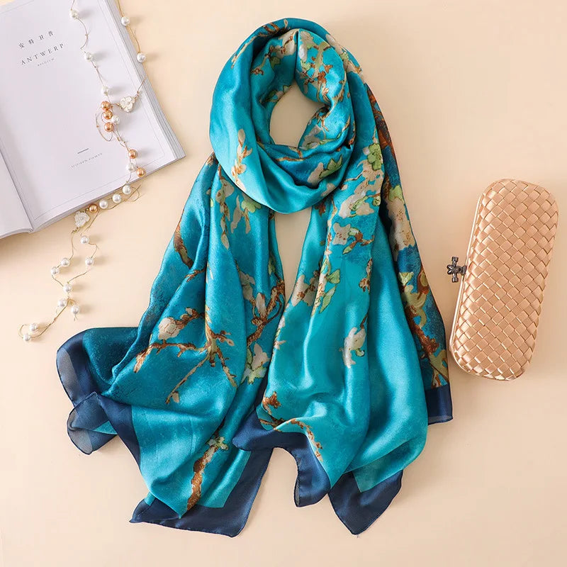 100% Natural Silk Scarf Women Luxury Brand Digital Print Flowers Silk Pashmina Shawl Female Long Bandana Foulard 2020 Oversize
