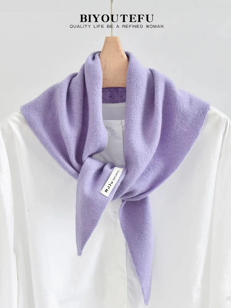 100% Australian Wool Knitted Triangle Scarf Shawl Women's Autumn  Winter Warm Neck Protection Scarf Decorative  Small Scarf
