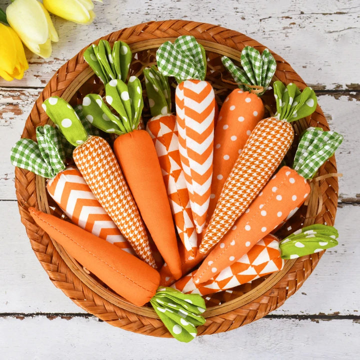 Easter carrot decorations arranged in a spring basket