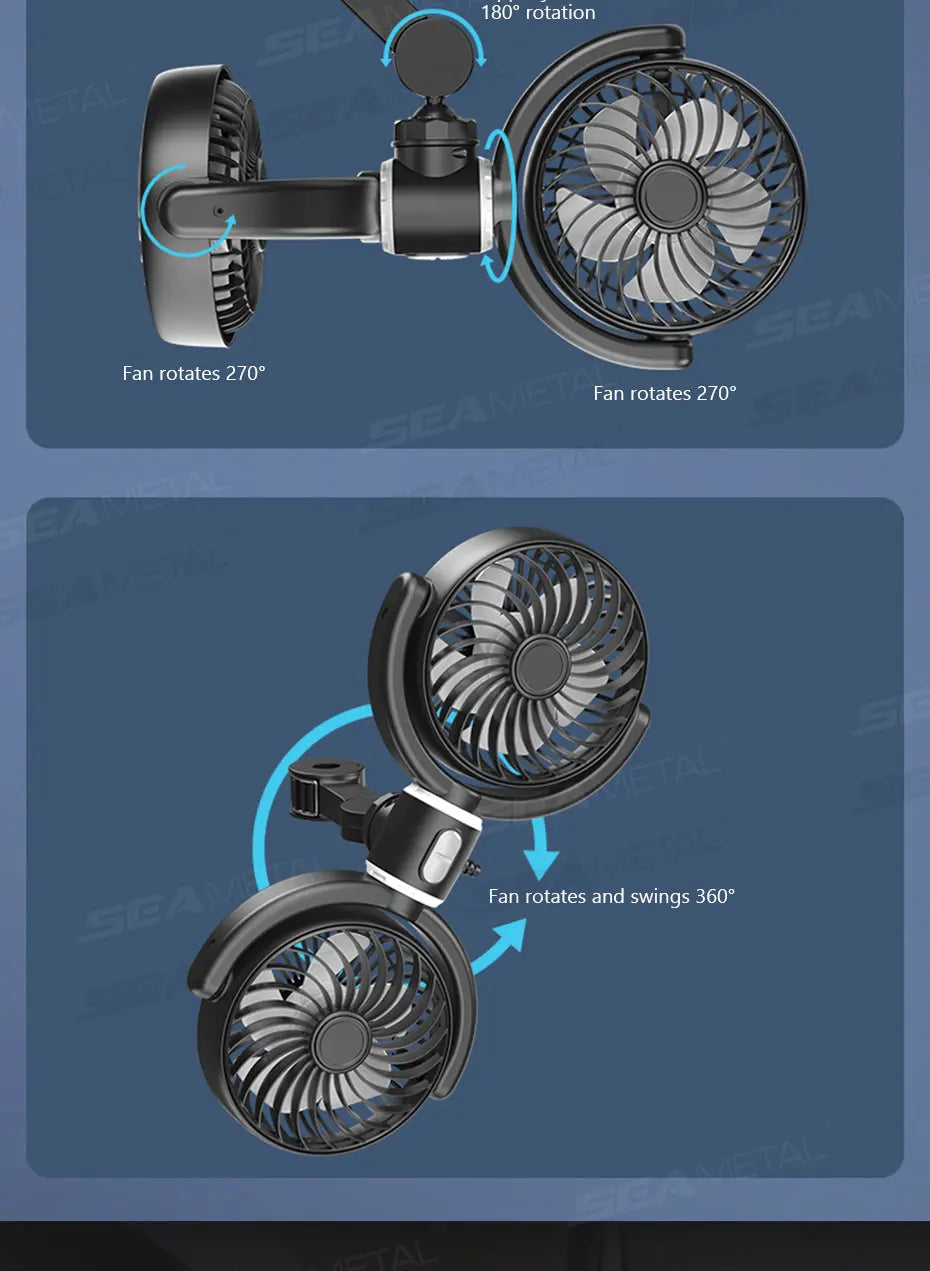 SEAMETAL Car Cooling Fan Headrest Double Head Fans Multi Angle Rotation 3 Speed Adjustable Cooler Air Fan for Car Accessories