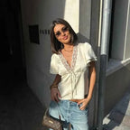 Women Solid Lace Tops V-Neck Short Sleeves Satin Slim Regular Streetwear Tees Female Summer Pure Desire Hot Girl T Shirts 2026