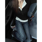 2026 Spring New Long Sleeve T-Shirt for Women Sexy Hot Girl Retro Fake Two-Piece Y2K Tops Korean Patchwork Contrast T Shirts