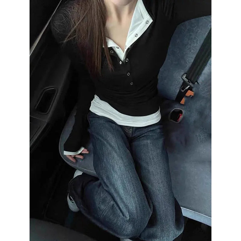2026 Spring New Long Sleeve T-Shirt for Women Sexy Hot Girl Retro Fake Two-Piece Y2K Tops Korean Patchwork Contrast T Shirts