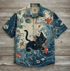 Colorful Men's Linen Summer Short Sleeve Shirt Fashion, Short Sleeve Top 3D Cat Printed Pattern Men's Clothing,