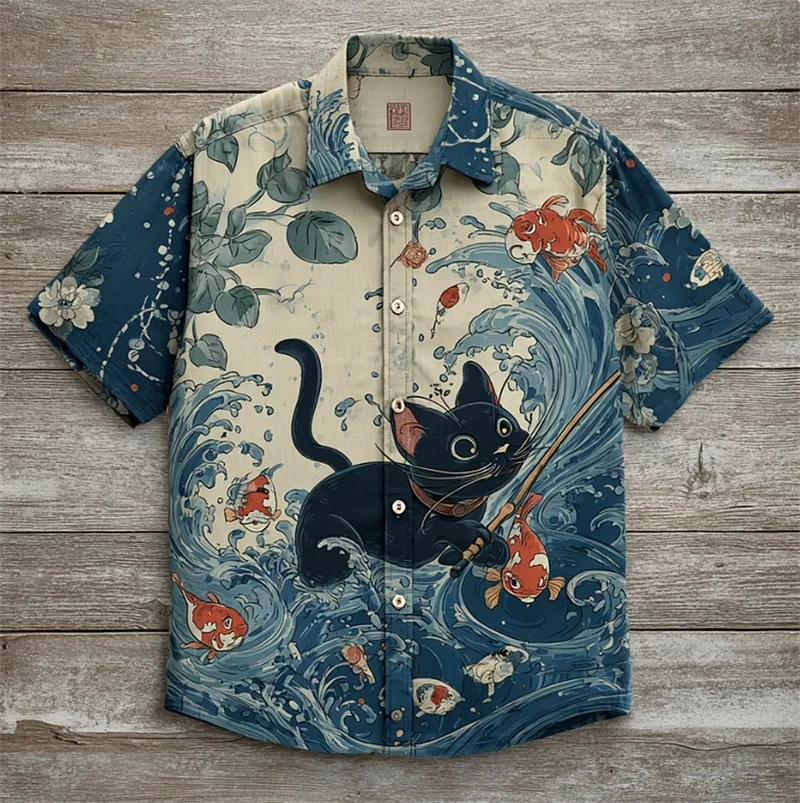 Colorful Men's Linen Summer Short Sleeve Shirt Fashion, Short Sleeve Top 3D Cat Printed Pattern Men's Clothing,