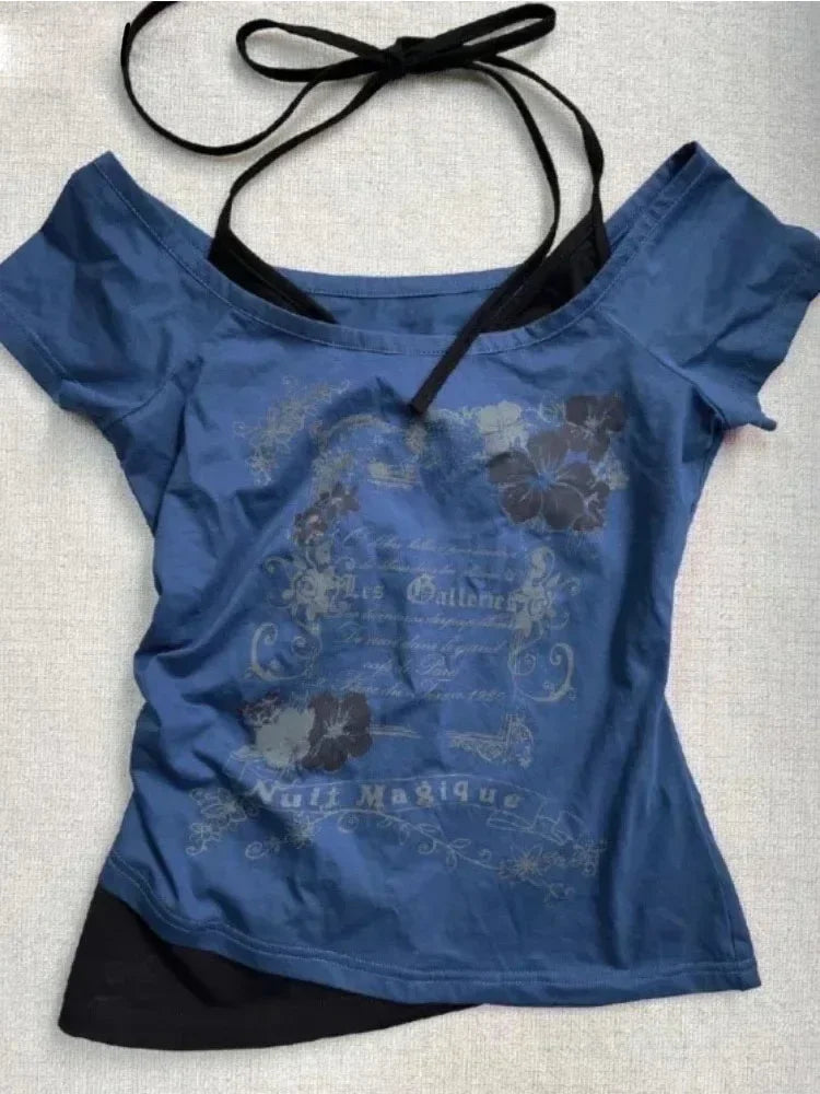 2026 Summer Vintage Fake Two Piece Halter Lace Up T-shirts Y2k Slim Fit Print Tops Women Off Shoulder Short Sleeve Tee Shirt