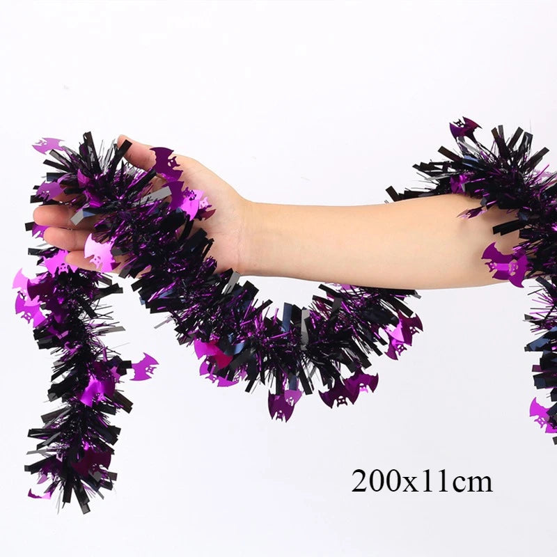 2m Halloween Tinsel Garland with Pumpkin Spider Bat Shiny Metallic Twist Garland for Home Tree Indoor Outdoor Party Decorations