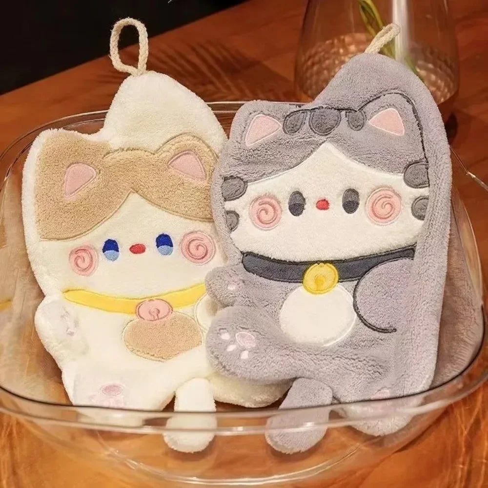 Cute Cat Hand Towel Quick Drying Kitchen Cleaning Rag Coral Velvet Cartoon Animal Absorbent Bathroom Hanging Towel Home Supplies