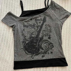Y2k Slim Fit Print Tops Women Off Shoulder Short Sleeve Tee Shirt Neploe American Vintage Fake Two Piece Halter Lace Up T-shirts