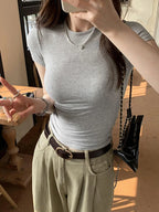 Basic Solid Crop Top Short Sleeve Crewneck Skinny T-shirt Summer Casual Tee for Women Y2K Vintage Top Harajuku Streetwear