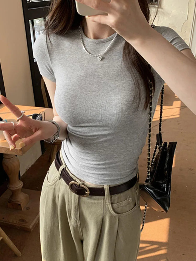 Basic Solid Crop Top Short Sleeve Crewneck Skinny T-shirt Summer Casual Tee for Women Y2K Vintage Top Harajuku Streetwear