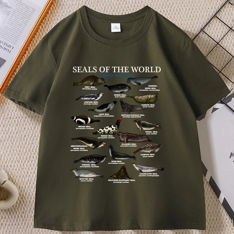 Seal Tshirt Y2k Seals of The World T-shirt 90s Retro Tee Crewneck Animal Tshirt Casual Loose Cotton Short Sleeve Print Clothes