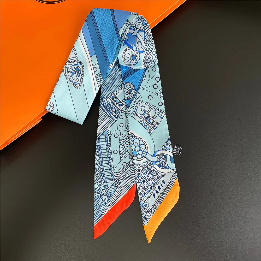 Fashion Women Hair Scarf 2024 New Brand Design Luxury Silk Scarf Fashion Print Headband Skinny Bag Scarves Neckerchief