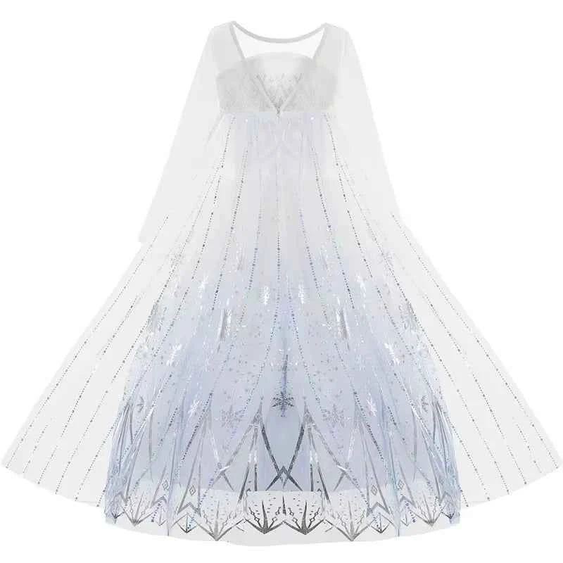 Disney Elsa Princess Dress For Girl White Printed Long-Sleeved Lace Dress Festive Party Gift Set Frozen Dress Fire Spirit Olaf