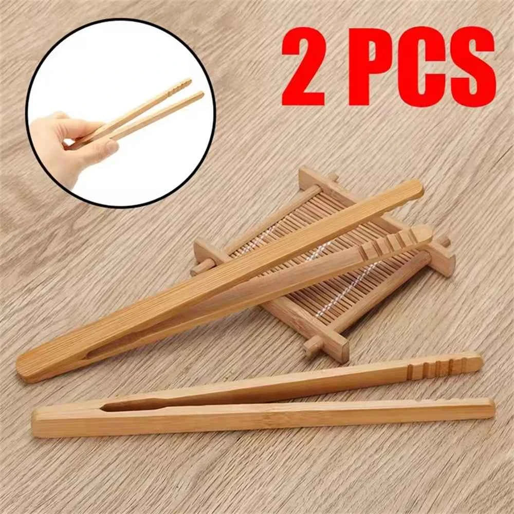 2Pcs 18cm Bamboo Wood Wooden Food Toast Salad Tongs Toaster Bacon Sugar Ice Tea Tong Tea Clips Teaware For Kitchen