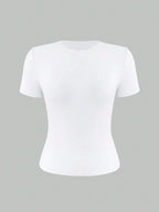 Women's White Solid Round Neck Short Sleeve Fitted T-Shirt for Summer Casual Wear