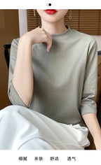 Summer And Autumn New 100% Cotton T-shirt Women's Semi-High-Necked Cropped Sleeves Loose Solid Color Bottoming Top