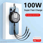 3 in 1 Retractable USB 100W Cable Fast Charging Micro USB 5A Type-C Android Suitable for iPhone Xiaomi Huawei Samsung Charging
