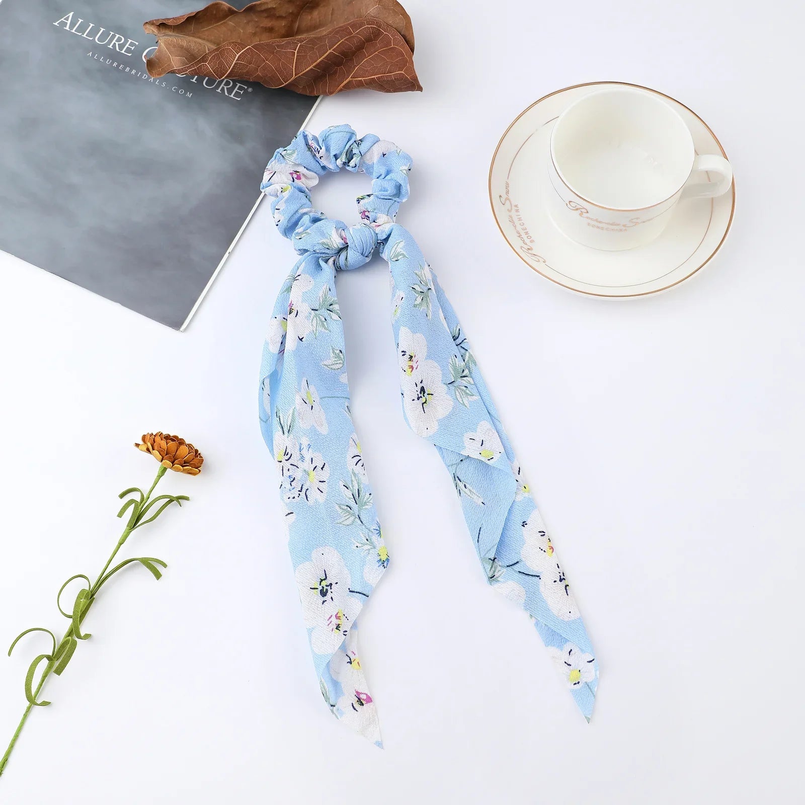 Fashion Flower Print Bow Satin Long Ribbon Ponytail Scarf Tie Scrunchies Women Girls Elastic Bands Hair Accessories