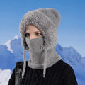 Women Winter Velvet Knitted Woolen Balaclava Hat Ear Protection fluffy Hat Mask Neck Integrated Warmth Cover Hat lady hooded cap