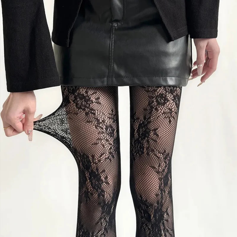 Harajuku Black White Brown Hollowed Out Lace Mesh Pantyhose Floral Rattan Bottomed Stockings Sexy Women Tights Fashion Hosiery
