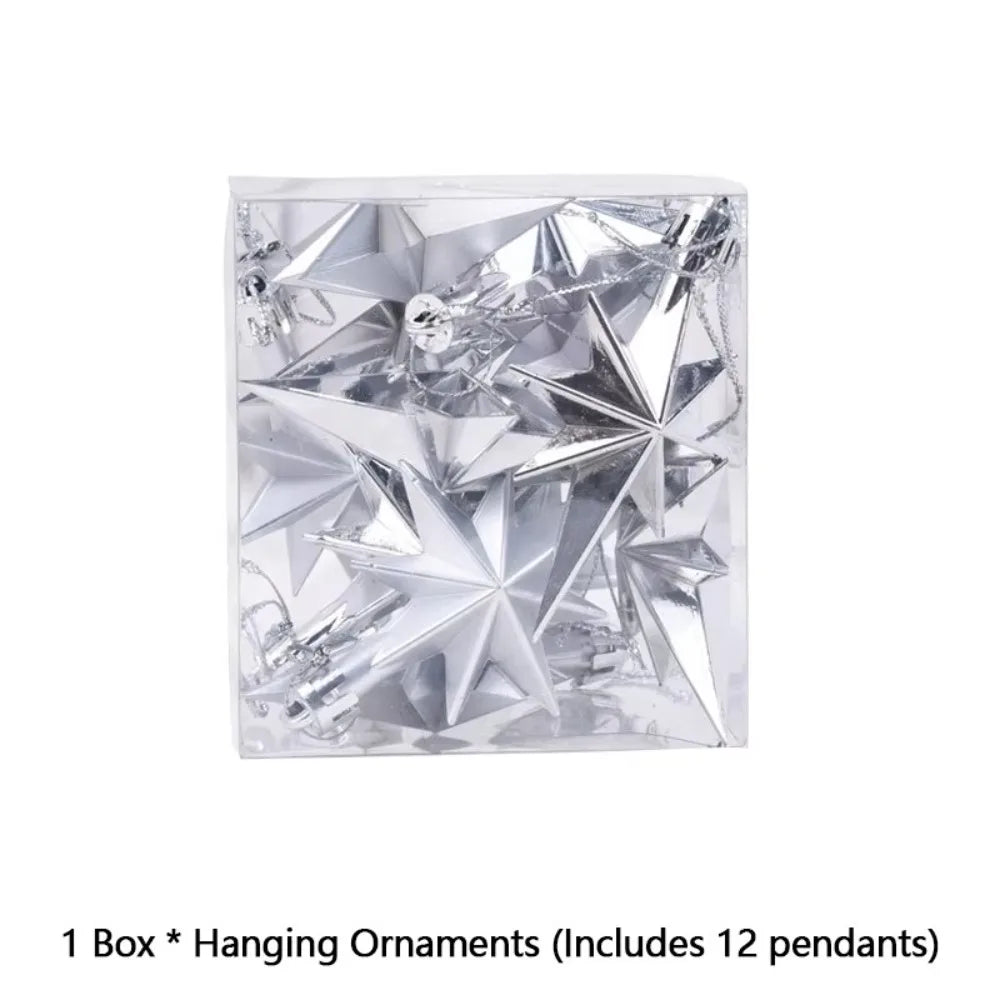 12pcs New Plastic Christmas Hanging Ornaments Star Shaped Glittering Xmas Tree Pendant Party Supplies DIY Festival Decorations