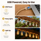 Halloween Lights USB Hemp Rope Edison Bulb String Lights 8/16/24LED Warm White 8 Modes for Porch Patio Garden Party Decor