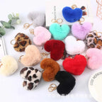 Heart Plush Pompom Keychain Leopard Print Bag Charm
