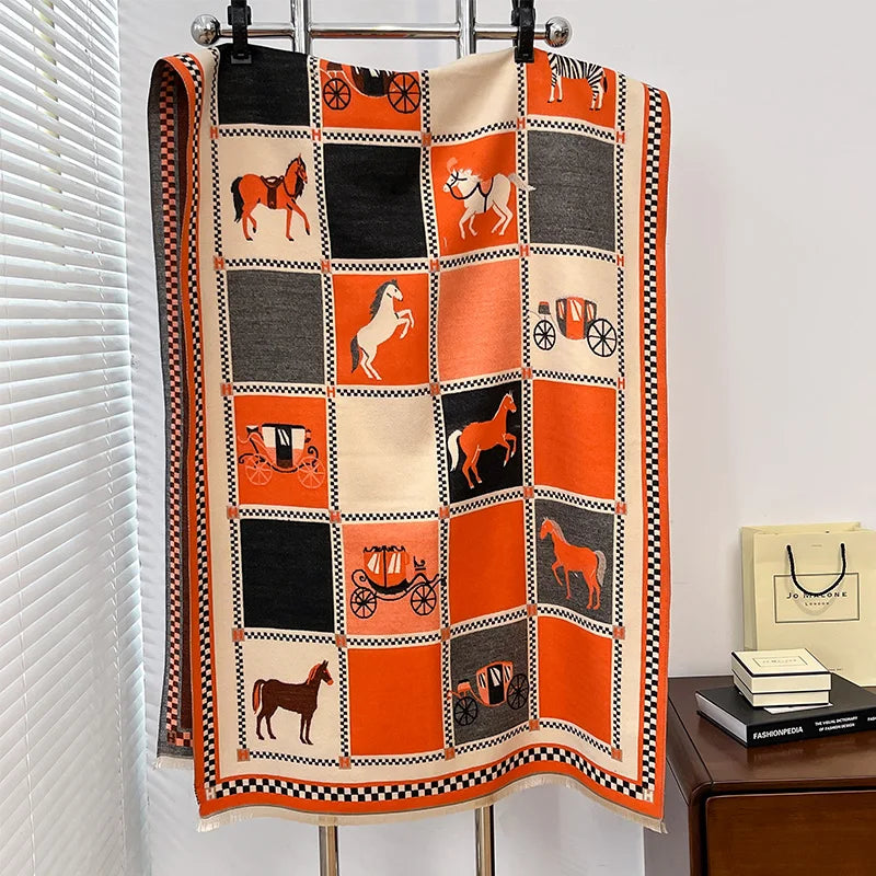 Luxury Warm Poncho Cashmere Winter Women Scarf Horse Print Shawl Wraps Female Thick Pashmina Blanket Bufanda Travel Echarpe 2024