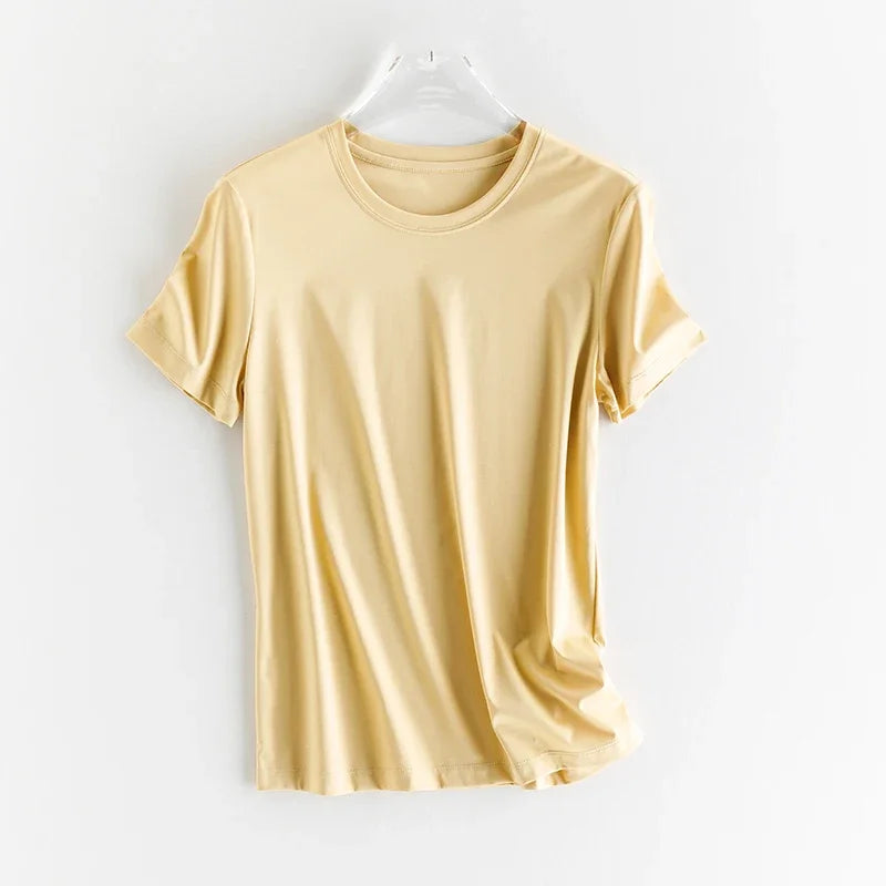 High-end New 10% Silk & Mercerized Cotton Women T-shirt Luxury Tee Short Sleeve Silky Feeling Summer Wear 2025 Tops V / O-neck