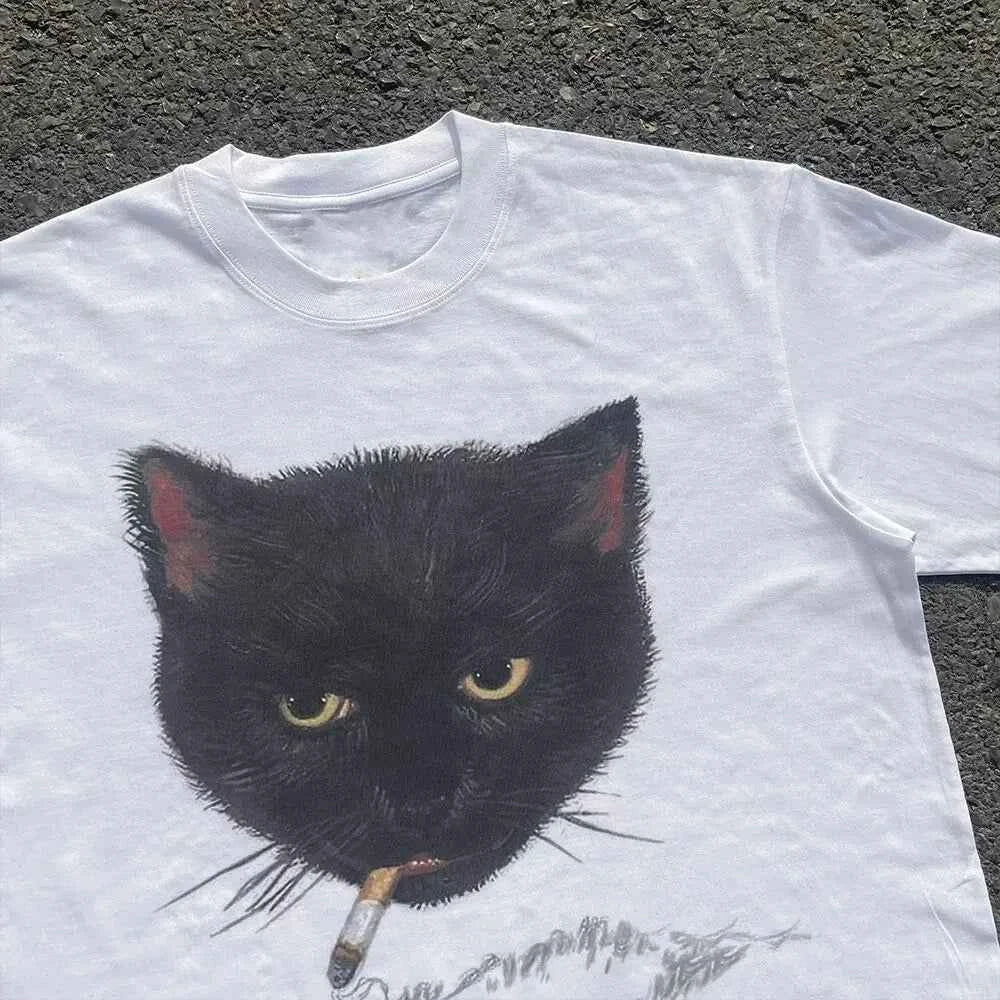 Y2k Wrinkled Cat Graphic Print Punk 90s Grunge Retro Hip Hop Style White Top T-shirt Emo Aesthetic Clothes Harajuku Y2K Top