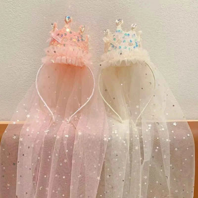 1PC Princess Crown Veil Headbands,Sparkly Tulle Hair Accessories,Pink White Sequin Party Headwear,Cute Girl's Dress Up Headbands