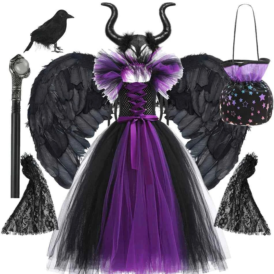 Girls Maleficent Costume Dress – Luxury Villain Tulle Gown