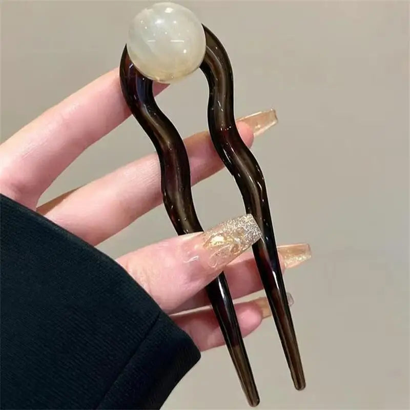 Fashion Colored Pearl U-Shaped Hair Sticks Hairpin Hair Fork Bun Sweet Trendy Acrylic Hair Clip for Women Girls Hair Accessories