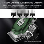 Hair trimmer with adjustable blades and text explaining its features on a dark background