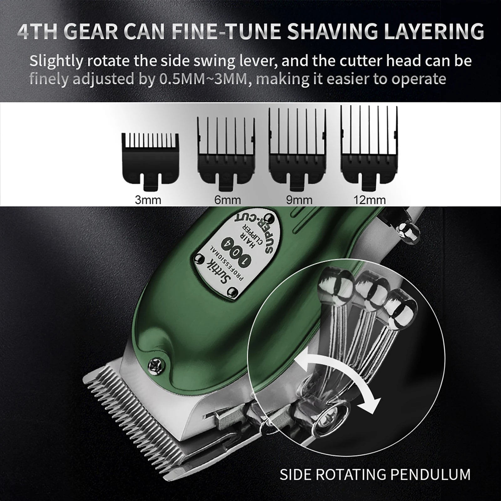 Hair trimmer with adjustable blades and text explaining its features on a dark background