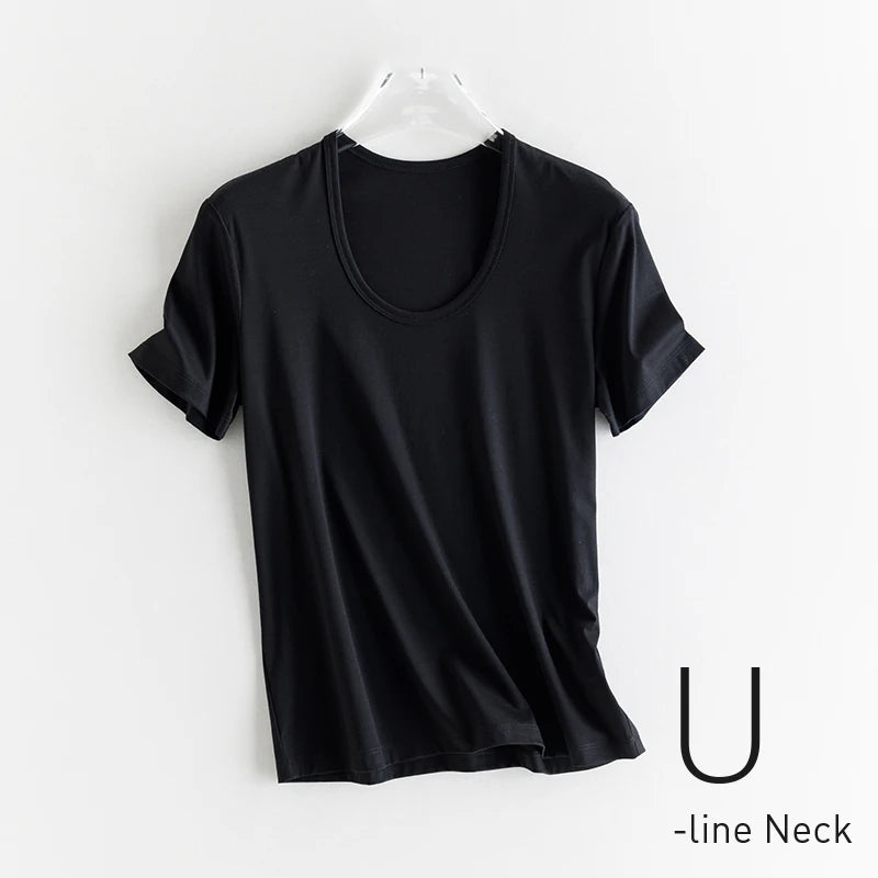High-end New 10% Silk & Mercerized Cotton Women T-shirt Luxury Tee Short Sleeve Silky Feeling Summer Wear 2025 Tops V / O-neck