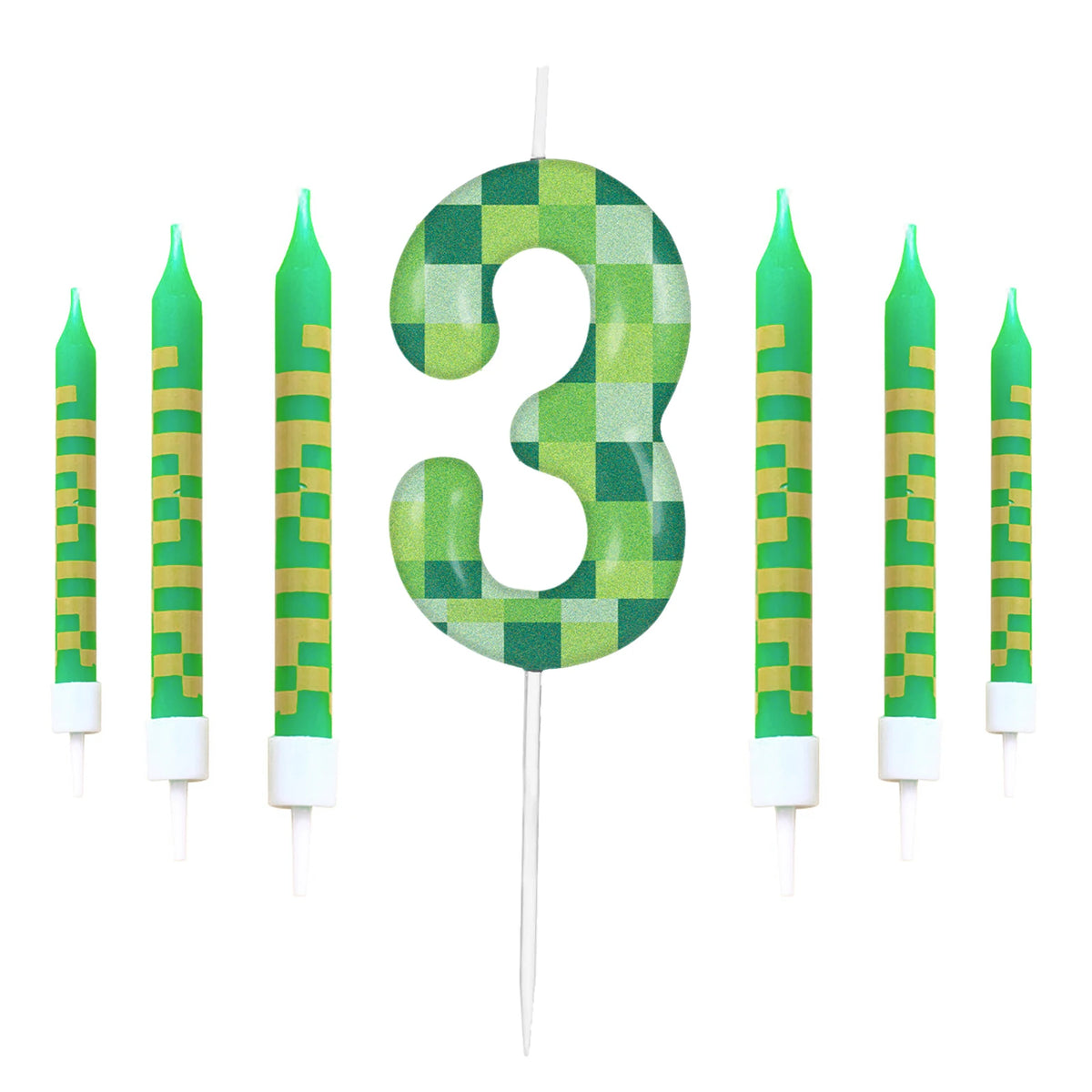 7pcs Green My World Candle Birthday Party Pixel Theme Birthday Party Video Game Party Decoration 0-9 Cake Top Digital Candles