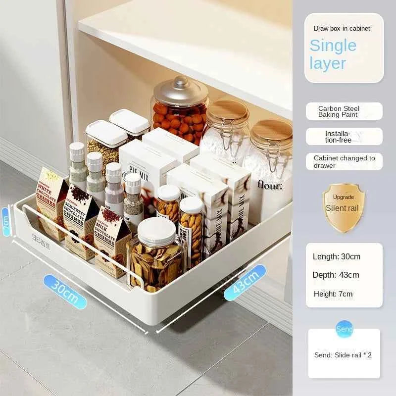 New Kitchen Storage Rack with Slide Rails Pull-out Kitchen Drawer Type Storage Tray Spice Box Storage Shelf Cabinets Organizer