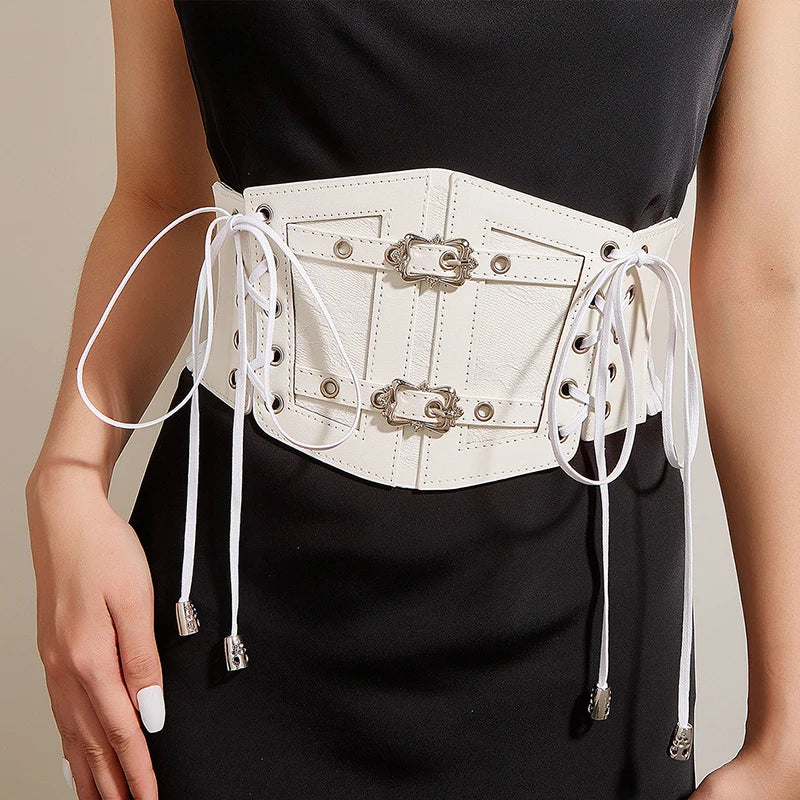 Lace Corset Punk Black Wide Belt With Chain Pu Leather Slimming Body Belts for Women Elastic High Waist Belt Female Cummerbunds