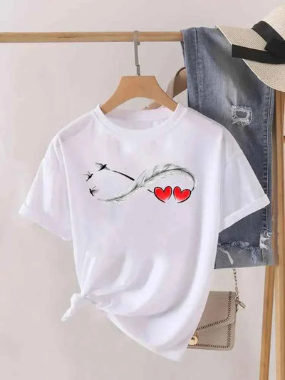 Love Heart Feather Trend Women Fashion Clothing Graphic T-shirts Clothes Print Female Shirt Short Sleeve Lady Casual Tee