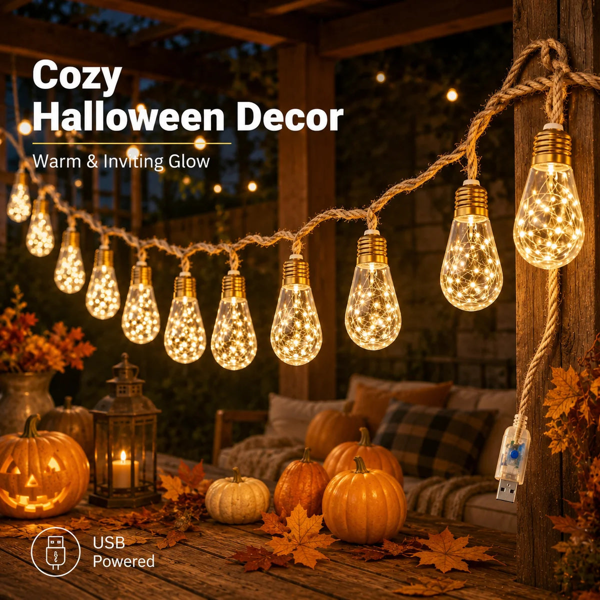 Halloween Lights USB Hemp Rope Edison Bulb String Lights 8/16/24LED Warm White 8 Modes for Porch Patio Garden Party Decor