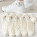 5 Pairs/Lot Socks Women's Short  Ankle Low Cut No-Show Foot Cute Bear Hearts Print  School Cotton  Breathable Set Casual Retro