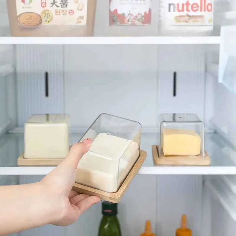 Bamboo Butter Dish Plate with Transparent Cover Household Butter Box Container Refrigerator Keep Fresh Butter Storage Box