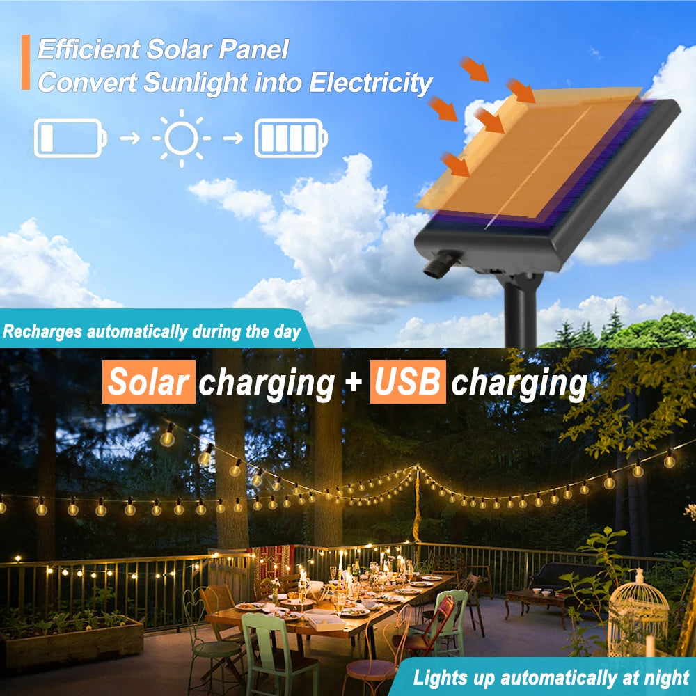 Solar G40 Outdoor String Lights with Remote Controls LED Shatterproof Globe Bulb IP65 Waterproof Patio Light for Garden Decor